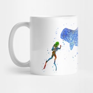 Scuba diver, blue whale shark Mug